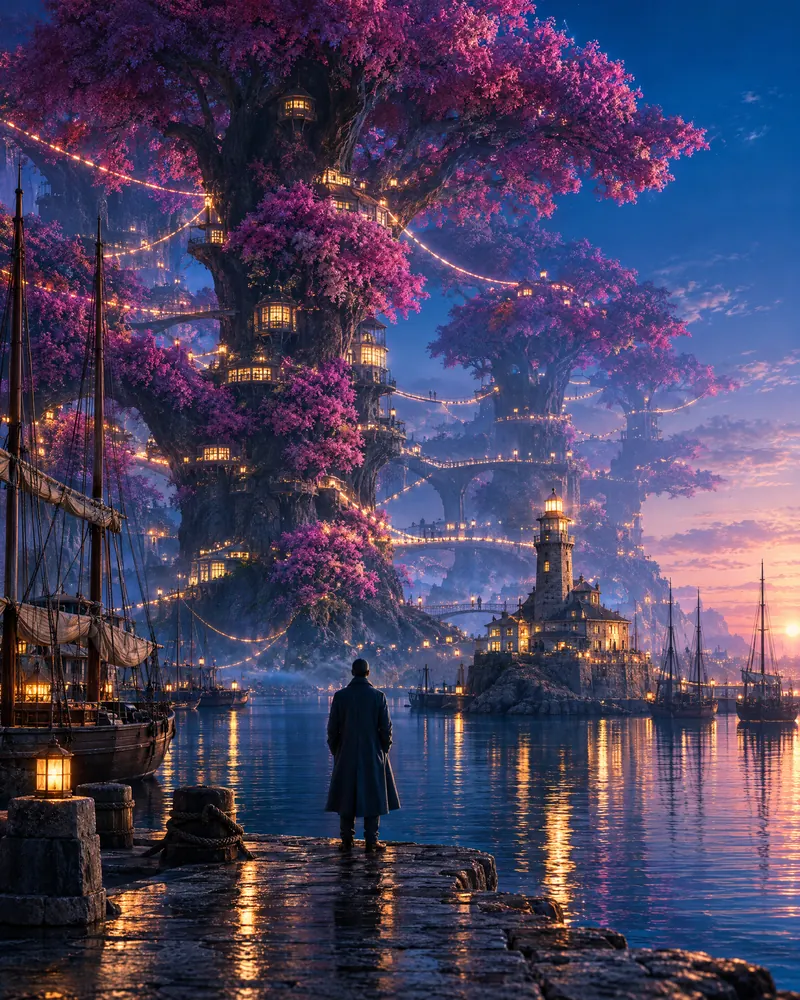 A figure on a lantern-lit harbor beneath a great city-tree.