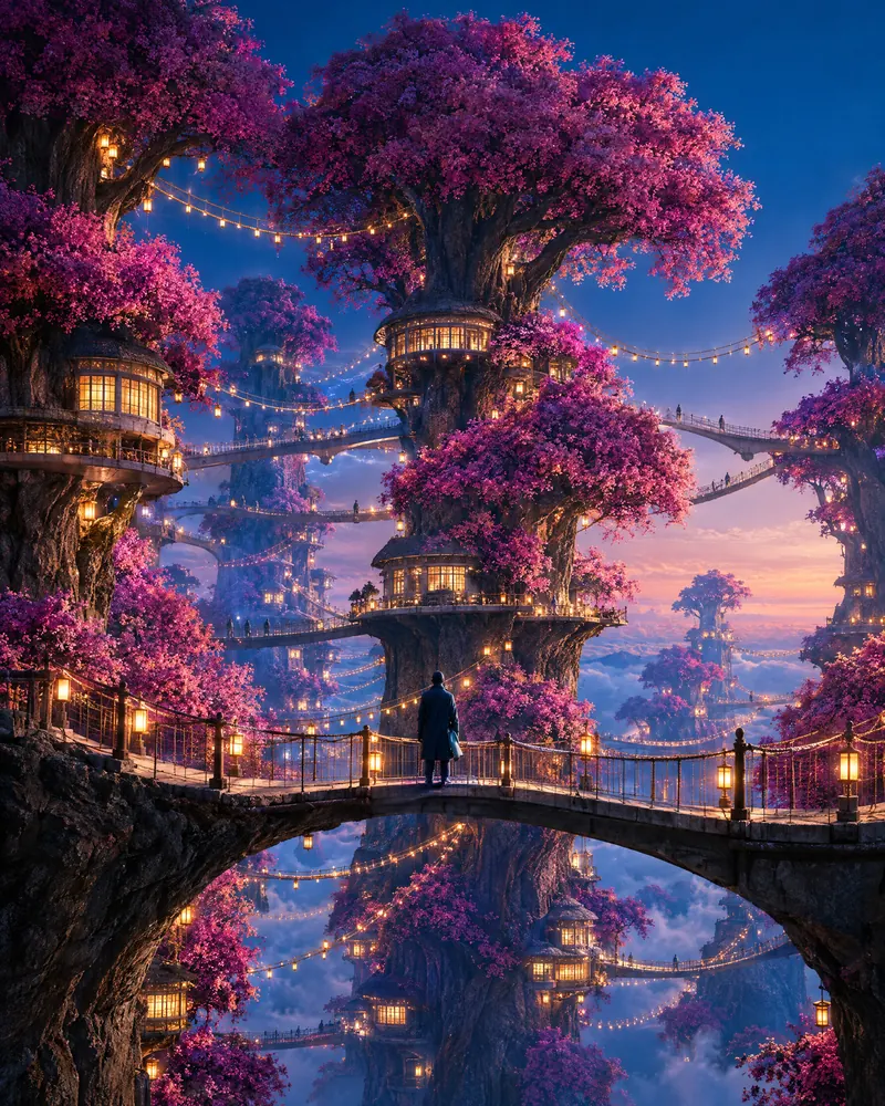 Several tree towers bridged into one at blue hour.