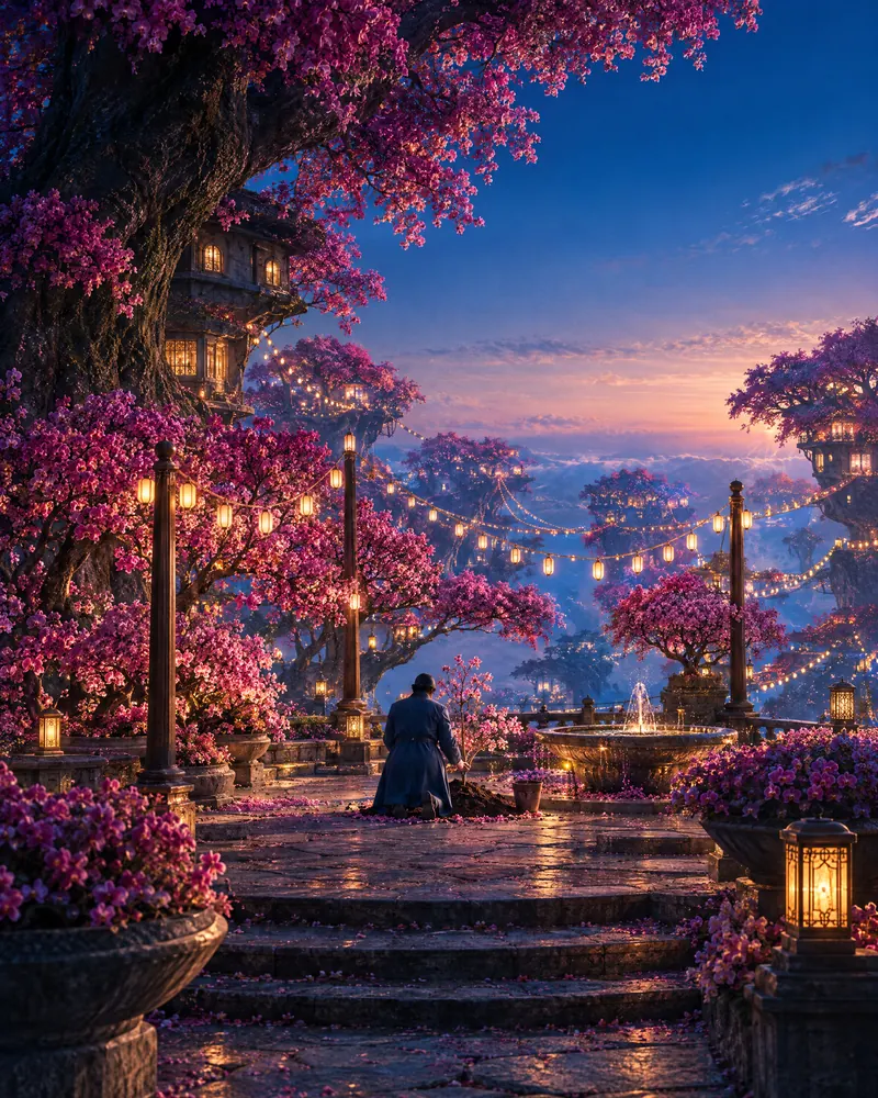 A figure seated in a lantern-lit garden among blossoming trees.