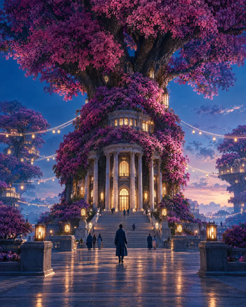 A columned hall glowing at the foot of a giant blossoming tree.