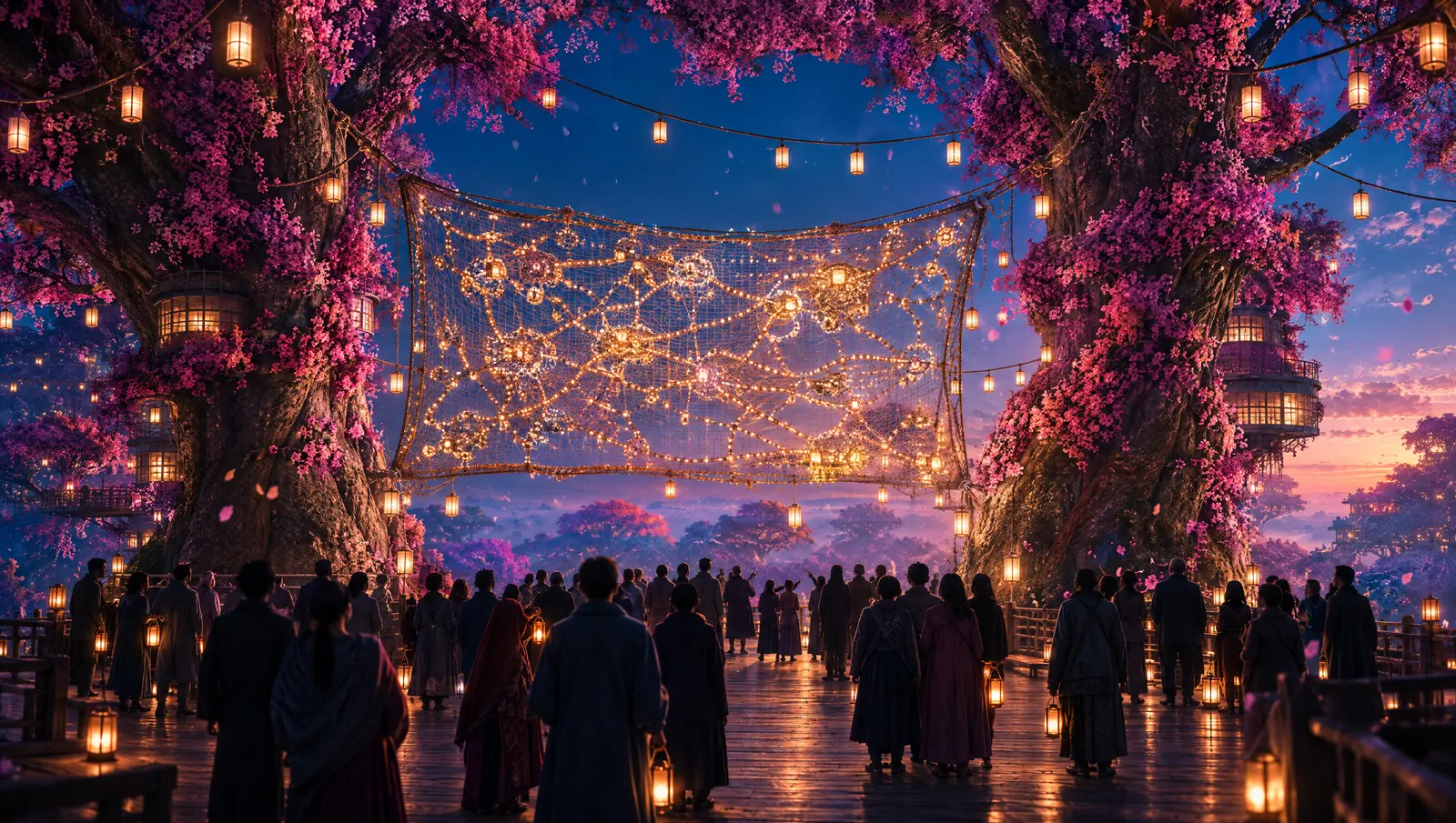 A crowd gathered beneath lantern threads strung between great trees.